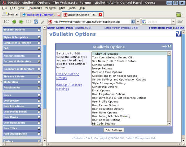 screenshot of vBulletin admin interface