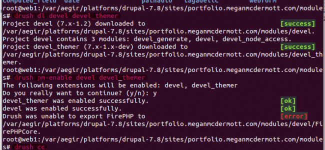 Drush used to install and enable modules, and clear the cache (highlights added) Drush used to install and enable modules, and clear the cache (highlights added)